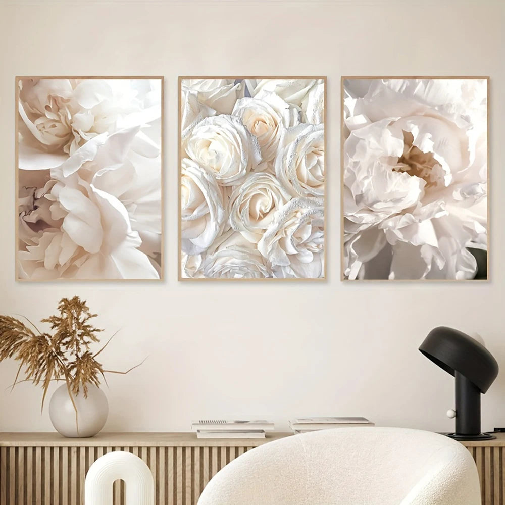 * Featured Sale * Set of 3Pcs White Petals Modern Floral Wall Art Fine Art Canvas Prints Beautiful Botanical Pictures For Living Room Bedroom Art Decor