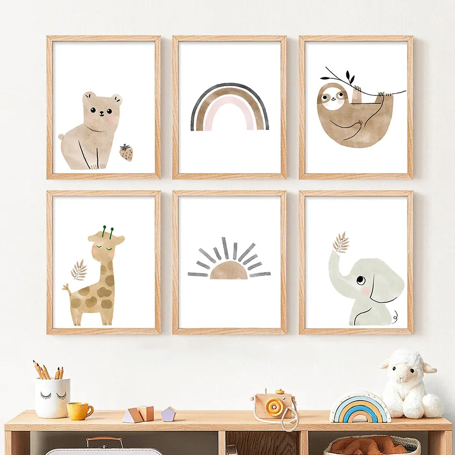 Watercolor Cartoon Animals Sun & Rainbow Nursery Wall Art Fine Art Canvas Prints Cute Pictures For Baby's Room Kid's Room Nordic Home Decor 