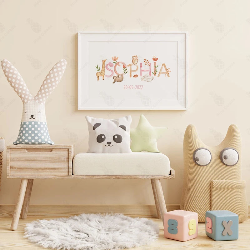 Personalized Baby Name Poster – Customized Cute Animal Nursery Wall Art Canvas Prints for Baby's Room Kids Bedroom Decor & Birthday Gift