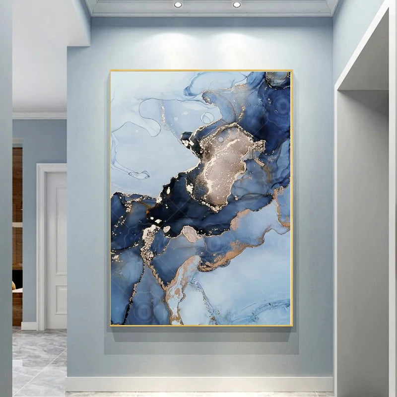 Shades Of Blue Liquid Marble Print Wall Art Fine Art Canvas Prints Chic Abstract Pictures For Living Room Entryway Foyer Art For Contemporary Interiors
