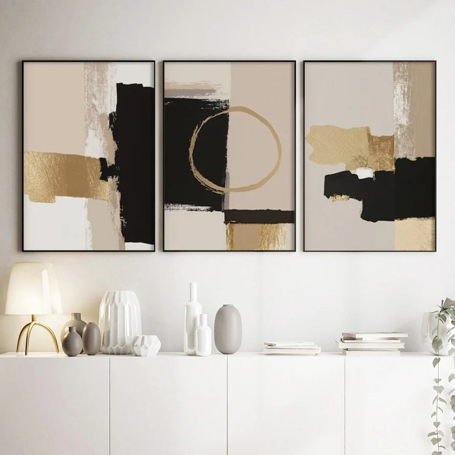 Black Beige Golden Color Block Abstract Wall Art Fine Art Canvas Prints Modern Pictures For Living Room Bedroom Contemporary Interior Decor