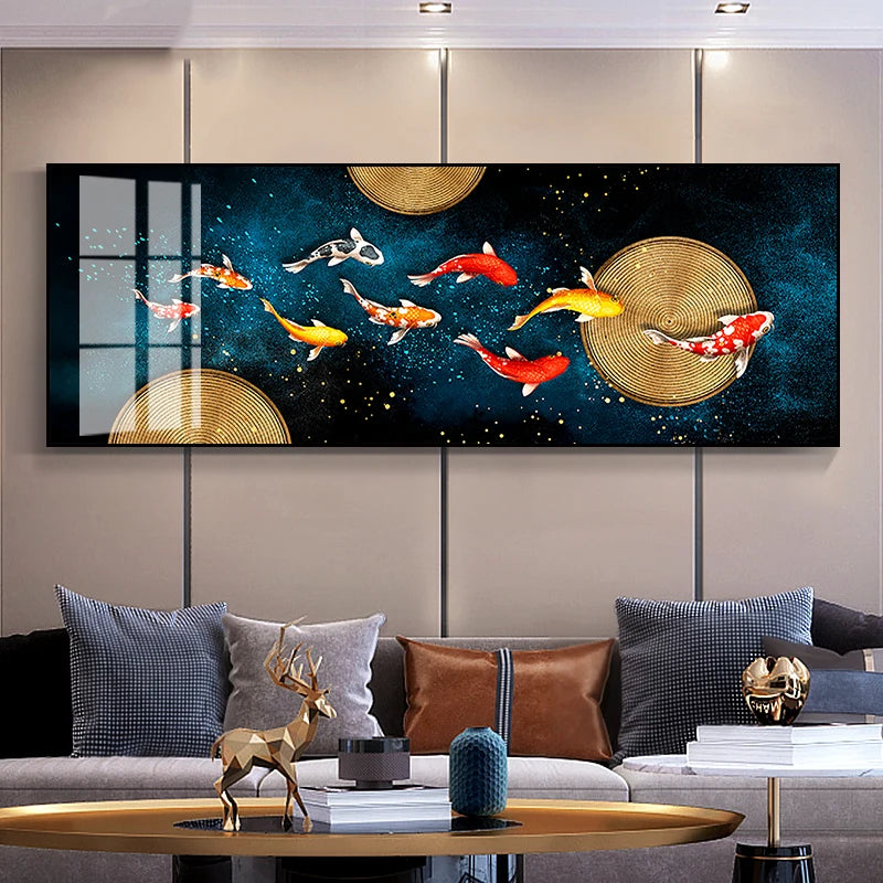 Auspicious Feng Shui Abstract Golden Fish Wall Art Fine Art Canvas Prints Wide Format Pictures For Living Room Above The Sofa Art For Above The Bed