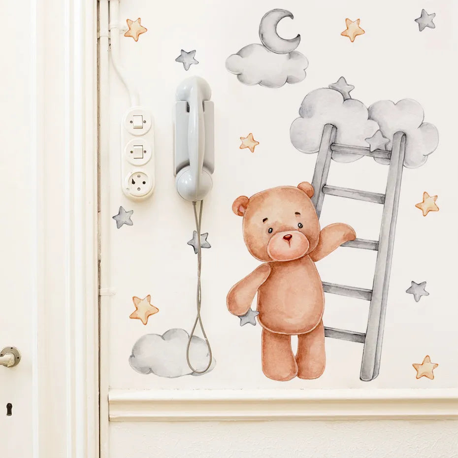 Cute Teddy Bear Clouds Moon Wall Stickers For Nursery Room
