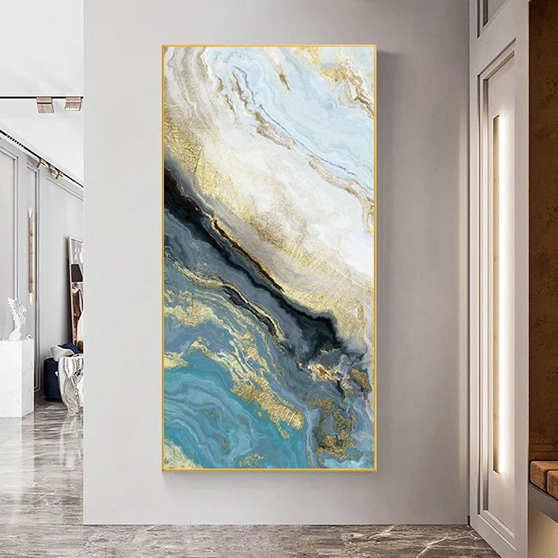 Blue Golden Liquid Marble Essence Wall Art Fine Art Canvas Prints Pictures For Modern Apartment Luxury Living Room Art Decor