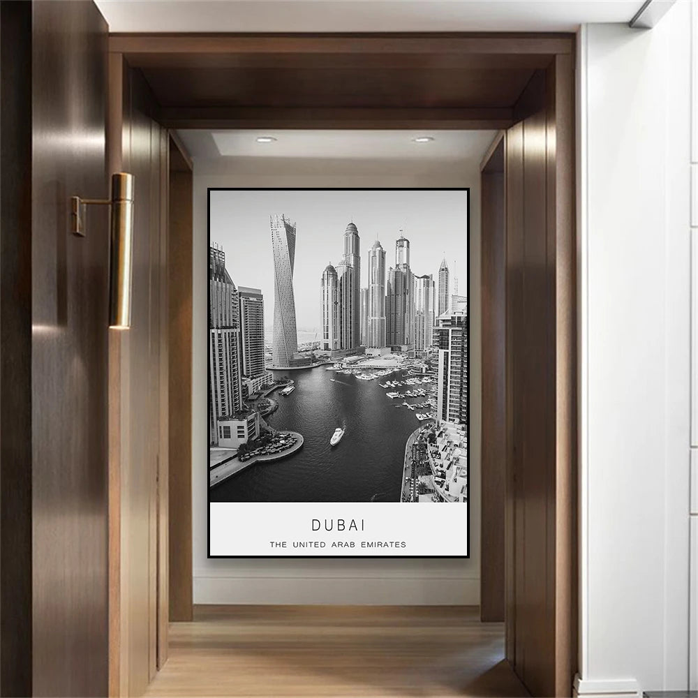Dubai Travel Travel Poster Black and White Photo City Wall Art Prints United Arab Emirates Minimalist Office Canvas Painting