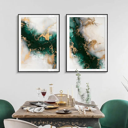 Nordic Green Beige Golden Liquid Marble Fine Art Canvas Prints Modern Abstract Pictures For Living Room Dining Room Home Office Art Decor.