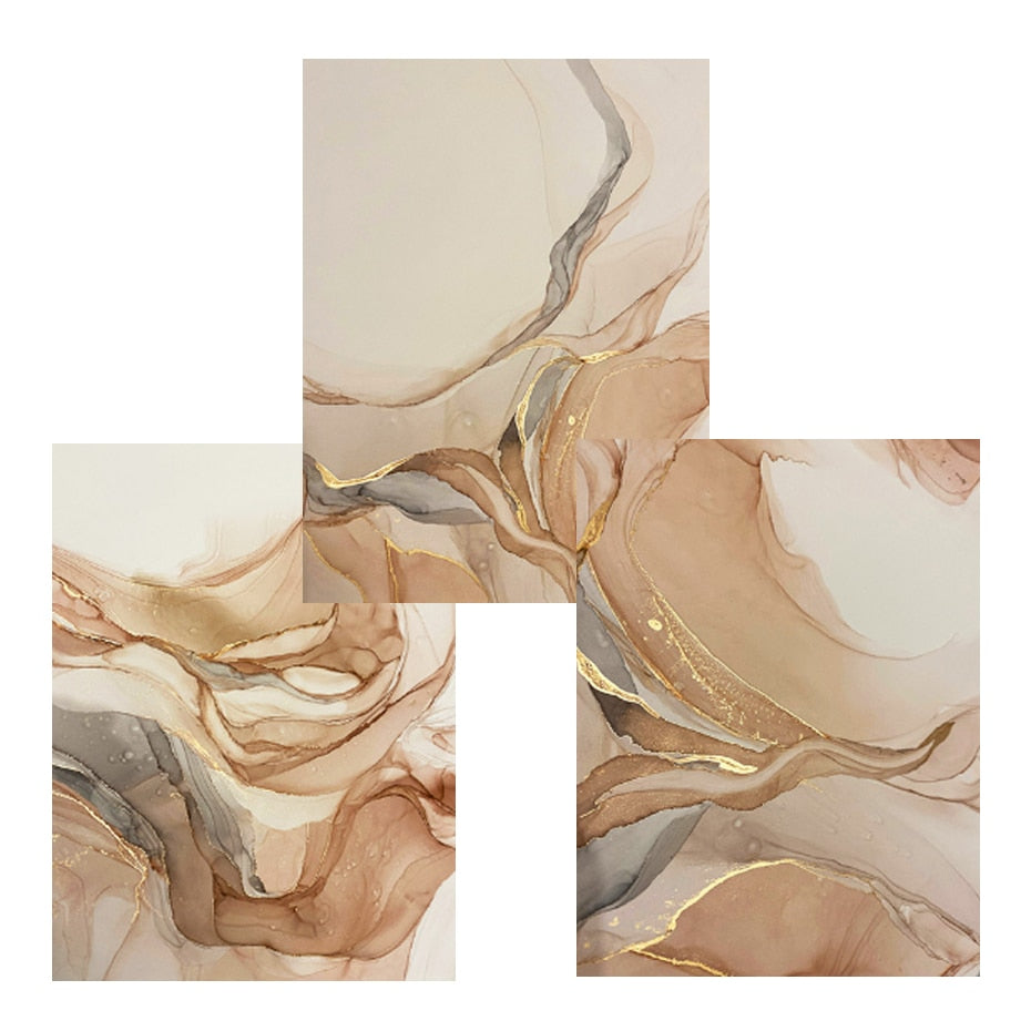 Modern Abstract Liquid Beige Golden Liquid Marble Wall Art Fine Art Canvas Prints Pictures For Luxury Living Room Chic Bedroom Art Decor