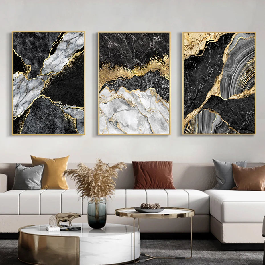 Modern Abstract Black Gray Golden Geode Marble Print Wall Art Fine Art Canvas Prints Pictures For Luxury Apartment Living Room Home Office Decor