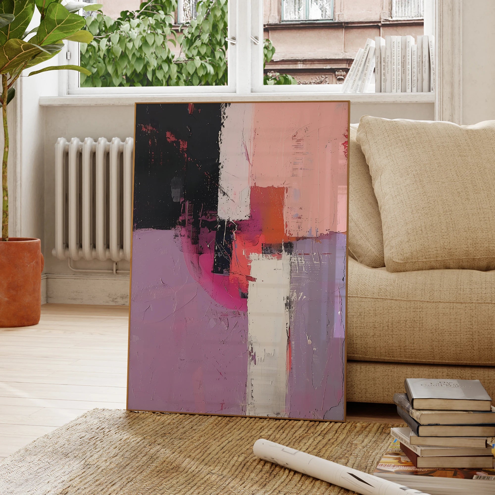 Modern Abstract Pink Black Purple Color Block Wall Art Fine Art Canvas Prints Pictures For Living Room Bedroom Art For Contemporary Interiors