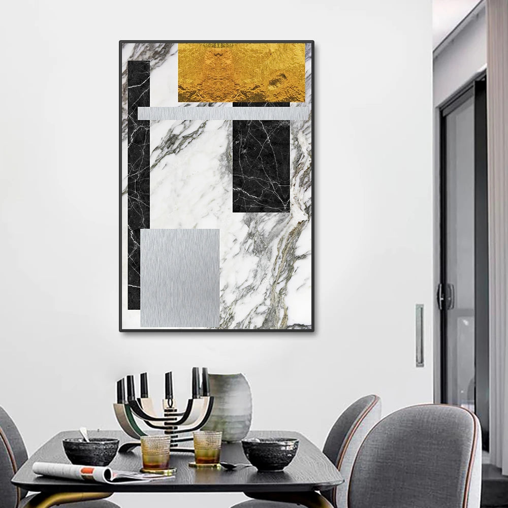 Black Golden Block Marble Abstract Wall Art Fine Art Canvas Prints Modern Geometric Pictures For Living Room Home Office Art Decor