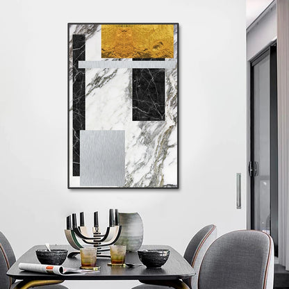 Black Golden Block Marble Abstract Wall Art Fine Art Canvas Prints Modern Geometric Pictures For Living Room Home Office Art Decor