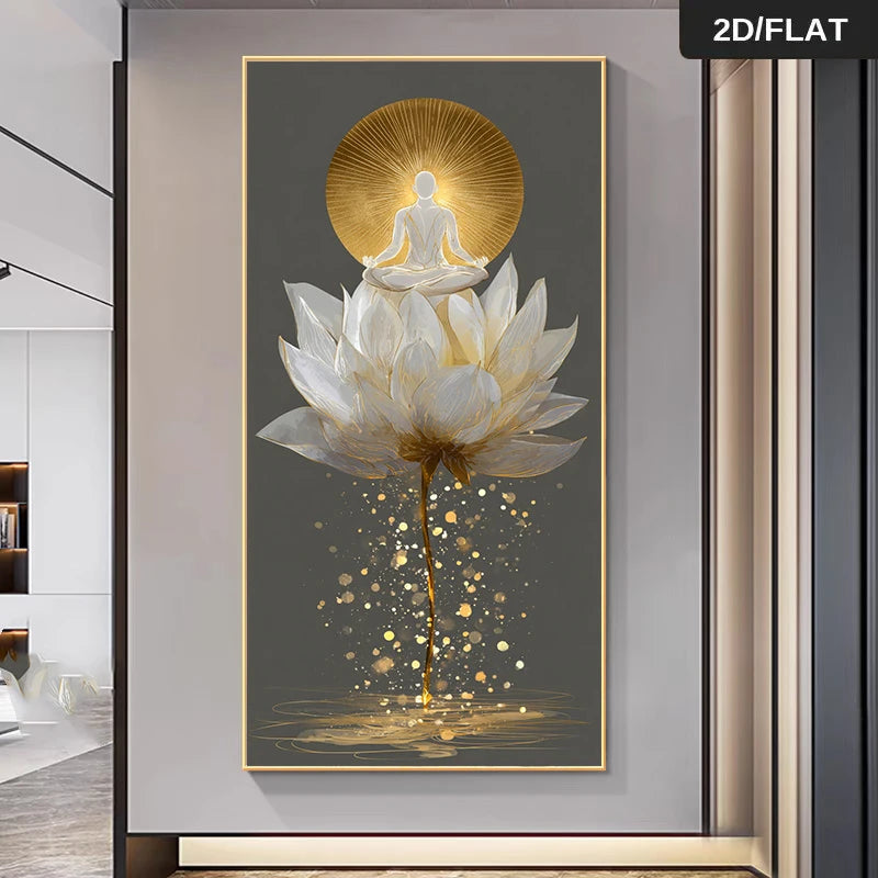 Golden Lotus Meditation Canvas Wall Art Fine Art Canvas Print – Radiant Spiritual Enlightenment Design for Modern Home Decor