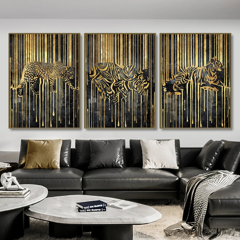 Modern Abstract Golden Zebra Lines Lion Elephant Tiger Wall Art Fine Art Canvas Prints Pictures For Luxury Apartment Living Room Dining Room Art Decor