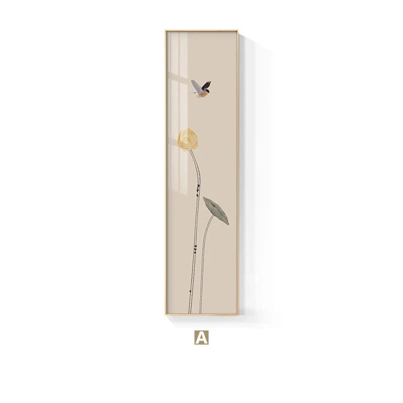 Minimalist Floral Birds & Butterfly Wall Art Fine Art Canvas Prints Tall Vertical Format Pictures For Foyer Lobby Reception Room Art Decor