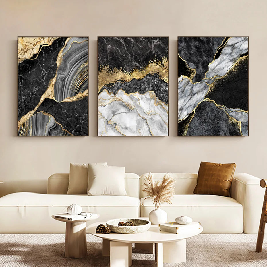 Modern Abstract Black Gray Golden Geode Marble Print Wall Art Fine Art Canvas Prints Pictures For Luxury Apartment Living Room Home Office Decor