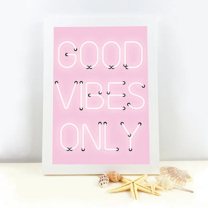 Good Vibes Only Neon Pink Poster Wall Art Fine Art Canvas Prints Positivity Picture For Living Room Girl's Bedroom Salon Art Decor