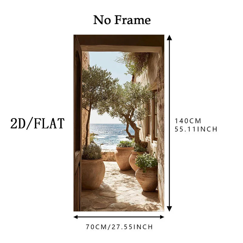 Rustic Mediterranean Seaview Archway Landscape Wall Art Fine Art Canvas Print Vertical Format Artwork For Modern Foyer