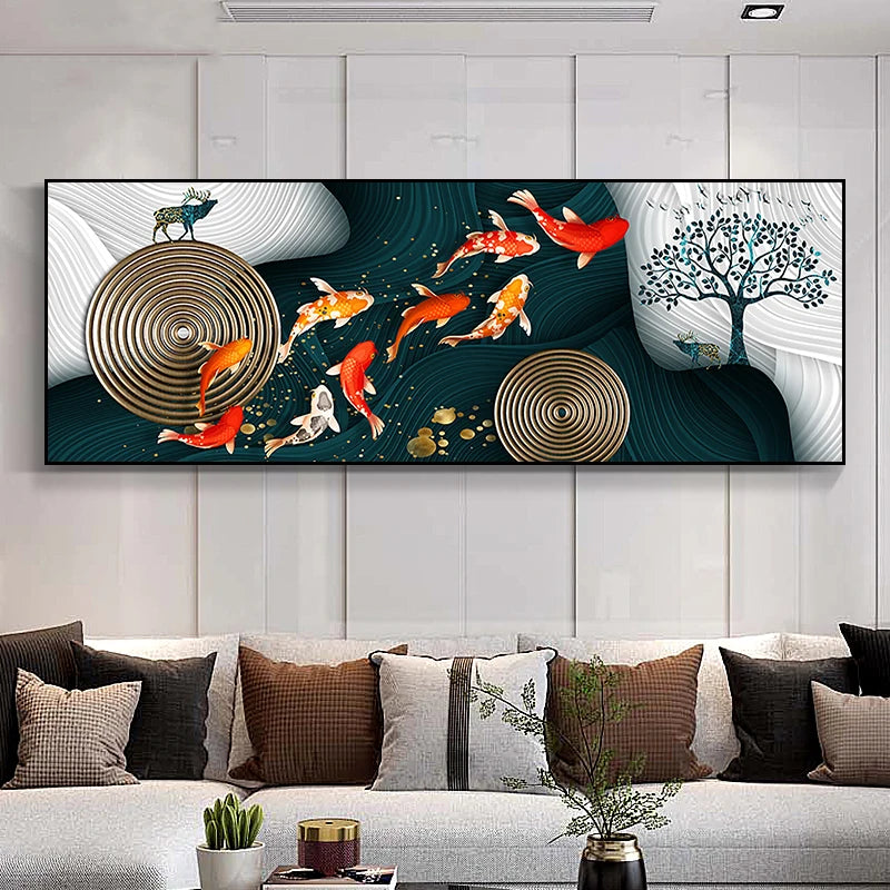 Auspicious Feng Shui Abstract Golden Fish Wall Art Fine Art Canvas Prints Wide Format Pictures For Living Room Above The Sofa Art For Above The Bed