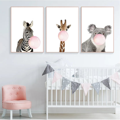 Baby Animals Pink Bubble Gum Zebra Giraffe Koala Bear Cub Cute Nursery Wall Art Fine Art Canvas Prints Posters For Baby's Room Decor