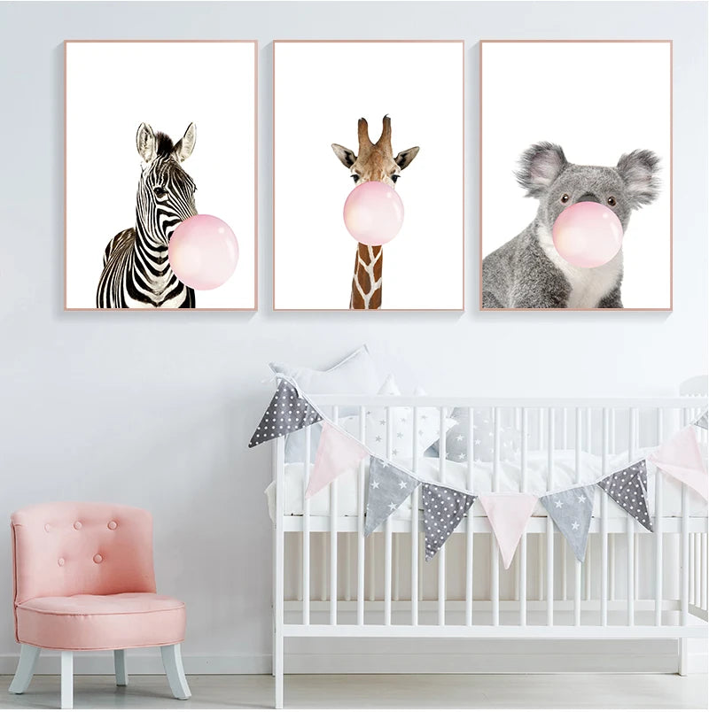 Baby Animals Pink Bubble Gum Zebra Giraffe Koala Bear Cub Cute Nursery Wall Art Fine Art Canvas Prints Posters For Baby's Room Decor