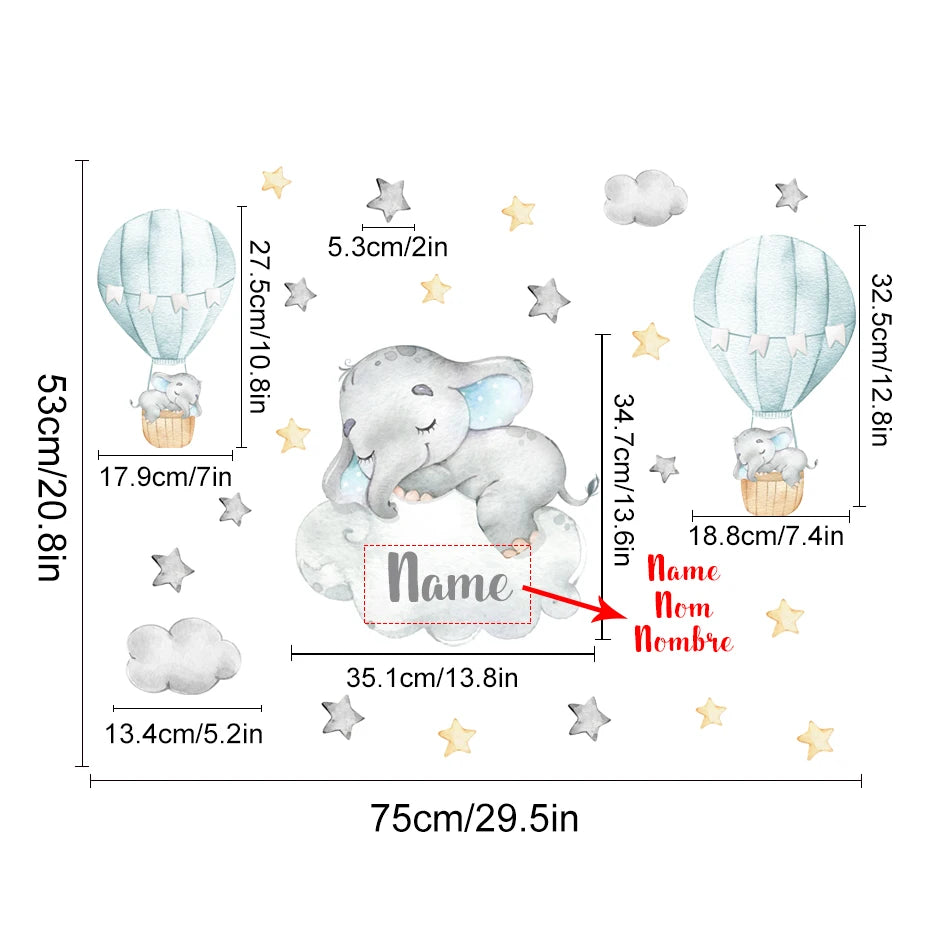 Cartoon Elephant Balloon Clouds Cute Wall Decals For Baby's Room Peel & Stick Removable Wall Stickers For Kid's Room Creative DIY Home Decor