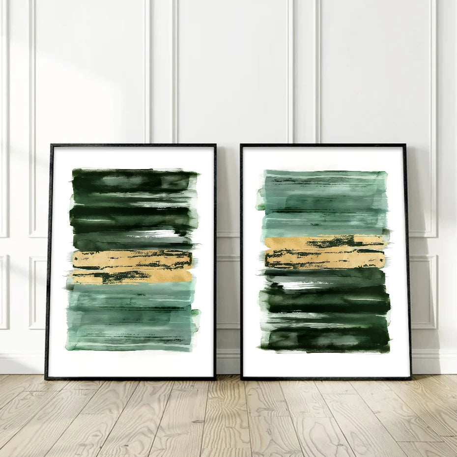 Modern Nordic Abstract Shades Of Green Golden Wall Art Fine Art Canvas Prints Pictures For Living Room Dining Room Bedroom Scandinavian Home Decor