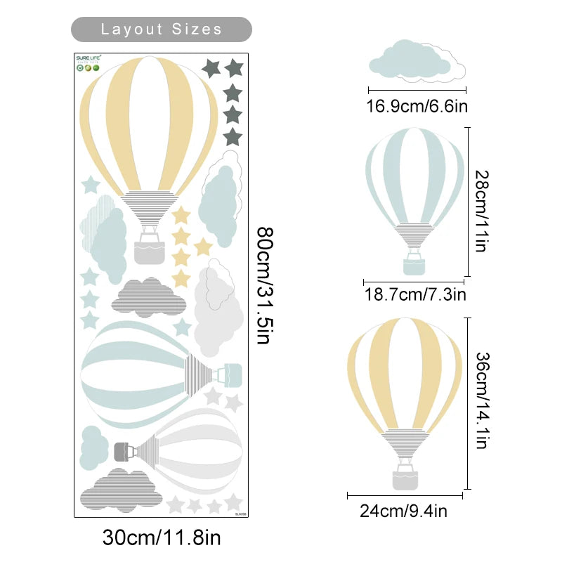 Pastel Colors Hot Air Balloons Wall Stickers For Nursery Decor Colorful Removable Peel & Stick Wall Decals For Creative DIY Home Decor