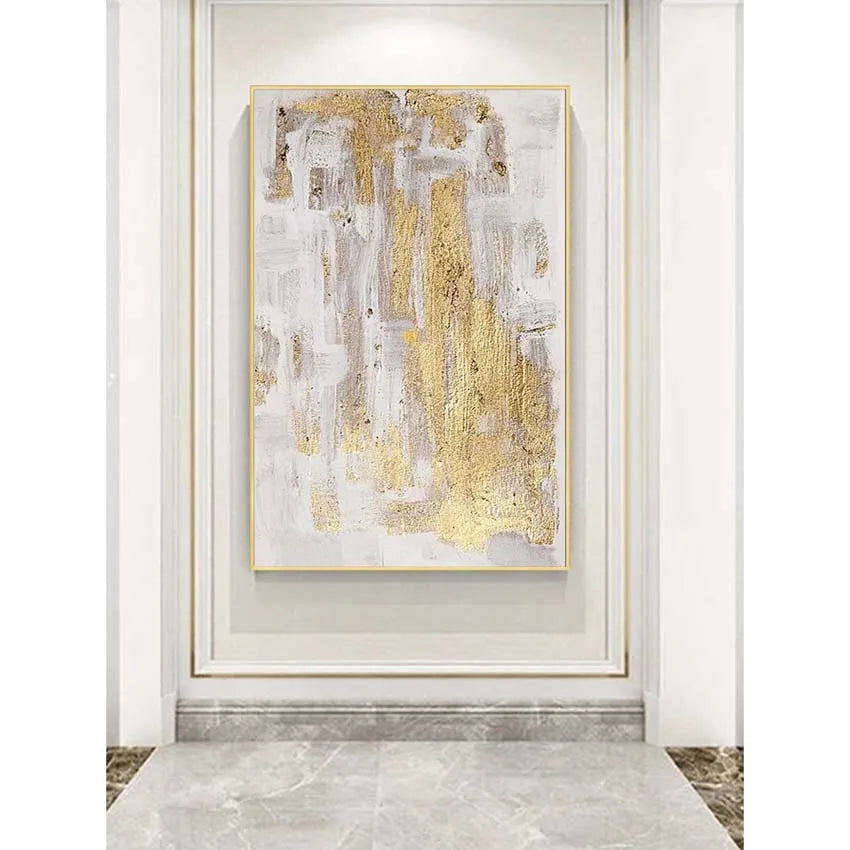 * Hand Painted * Large Format Golden Abstract Wall Art Painting Textured Brushed Strokes Acrylic Oil On Canvas Picture For Living Room Decor