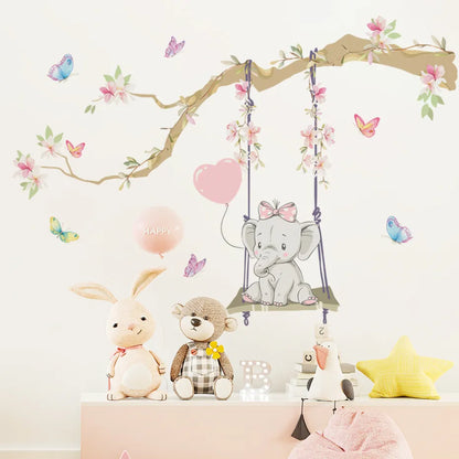 Cute Baby Elephant Balloons & Butterflies Wall Stickers For Children's Nursery Room Removable Peel & Stick Wall Decals For Creative DIY Home Decor 