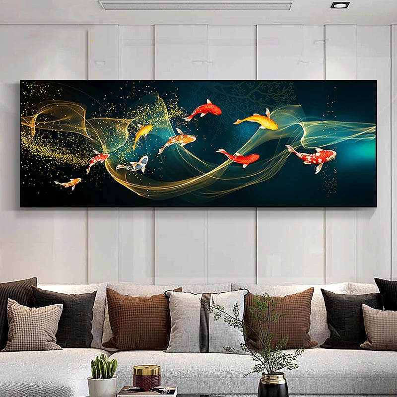 Auspicious Feng Shui Abstract Golden Fish Wall Art Fine Art Canvas Prints Wide Format Pictures For Living Room Above The Sofa Art For Above The Bed