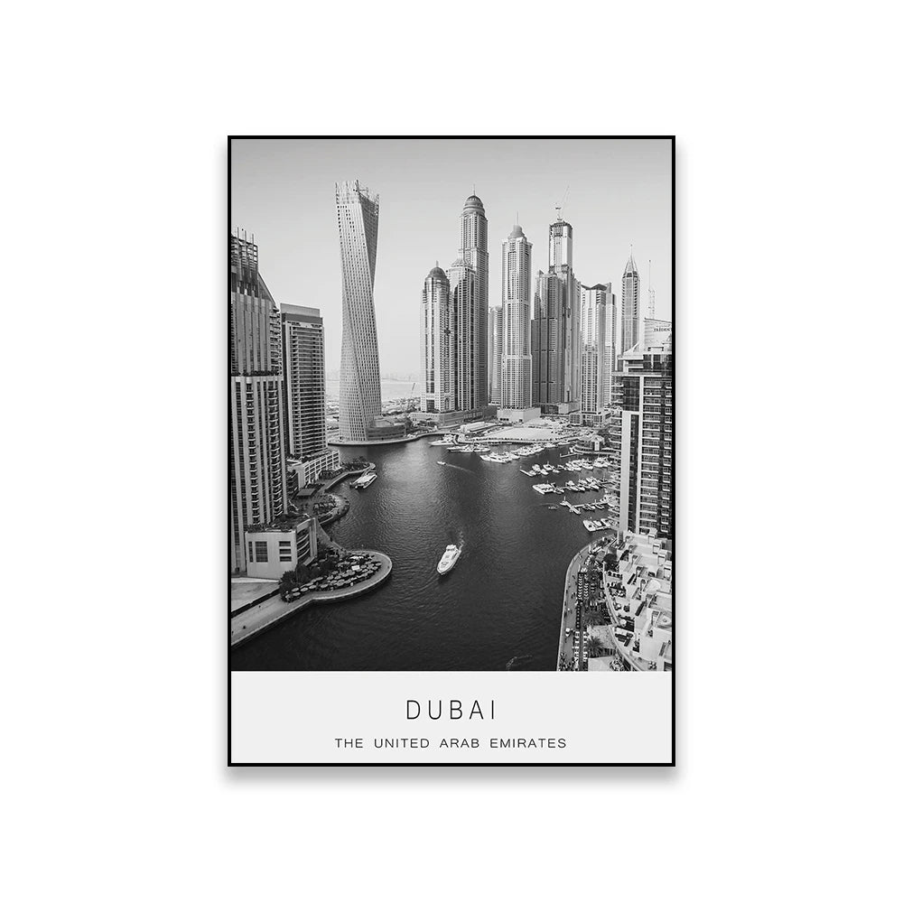 Dubai Travel Travel Poster Black and White Photo City Wall Art Prints United Arab Emirates Minimalist Office Canvas Painting