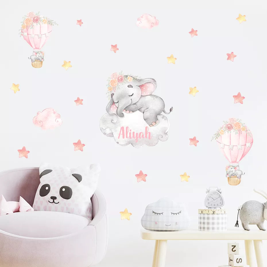 Cartoon Elephant Balloon Clouds Cute Wall Decals For Baby's Room Peel & Stick Removable Wall Stickers For Kid's Room Creative DIY Home Decor