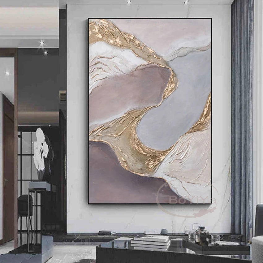 * Hand Painted * Large Format Golden Abstract Wall Art Painting Textured Brushed Strokes Acrylic Oil On Canvas Picture For Living Room Decor