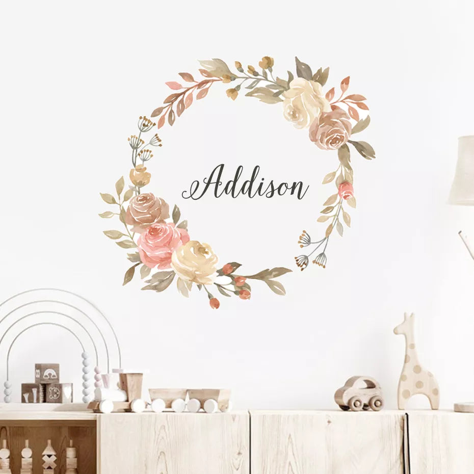 Personalized Floral Name Wreath Wall Decal For Nursery Room Removable Peel & Stick Vinyl Wall Stick For Kid's Room Creative DIY Home Decor