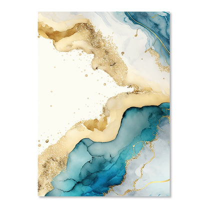 Abstract Blue Aqua Liquid Golden Marble Print Wall Art Fine Art Canvas Prints Pictures For Luxury Living Room Dining Room Home Office Decor