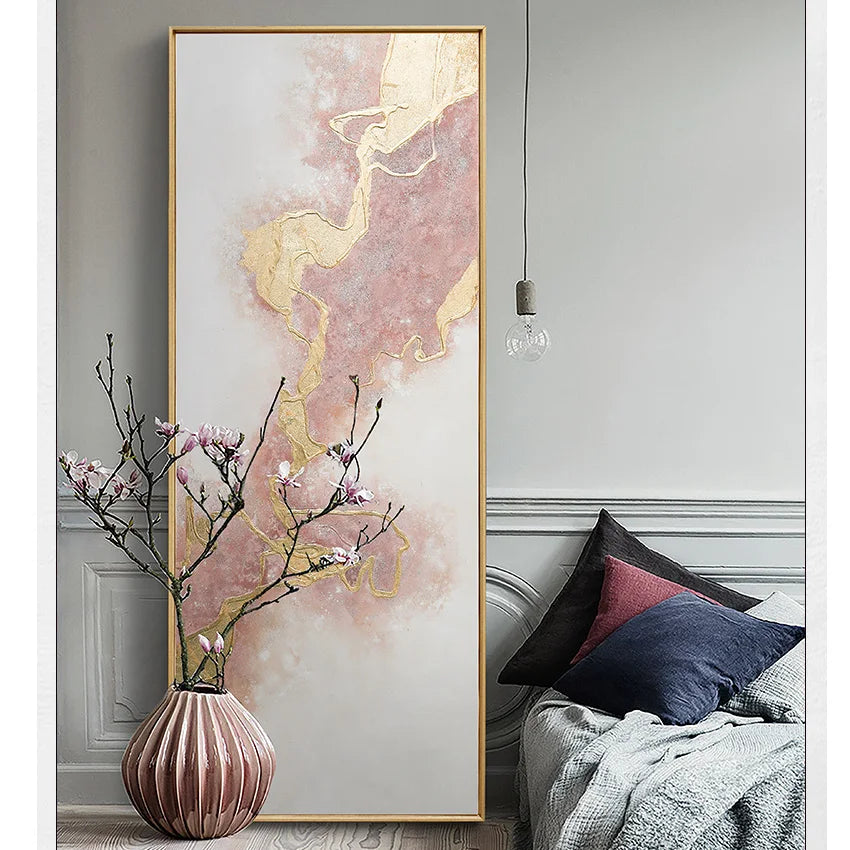 * Hand Painted * Large Format Golden Abstract Wall Art Painting Textured Brushed Strokes Acrylic Oil On Canvas Picture For Living Room Decor