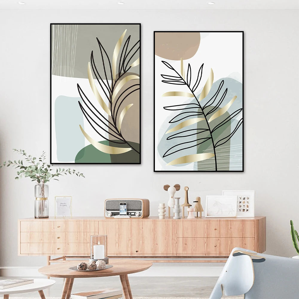 Set of 2PCS Botanical Abstract Line Art Leaves Wall Art Fine Art Canvas Prints Simple Nordic Pictures For Living Room Decor