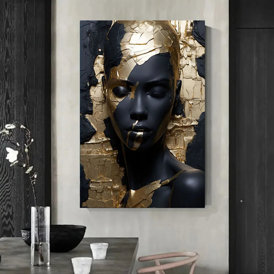 Modern Abstract Black Golden Woman Portrait Wall Art Fine Art Canvas Print Pictures For Entrance Foyer Reception Hallway Light Luxury Home Decor