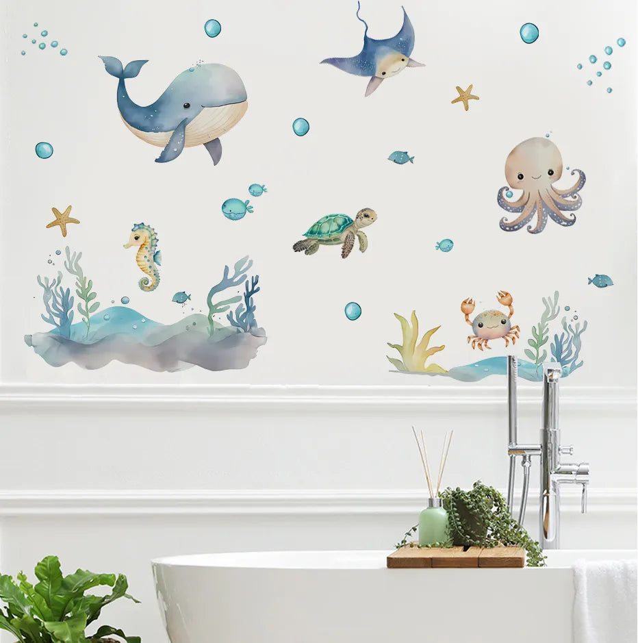 Cute Whale Turtle Octopus Wall Decals For Children's Nursery Room Underwater World Peel & Stick Wall Stickers For Creative DIY Kid's Room Decor
