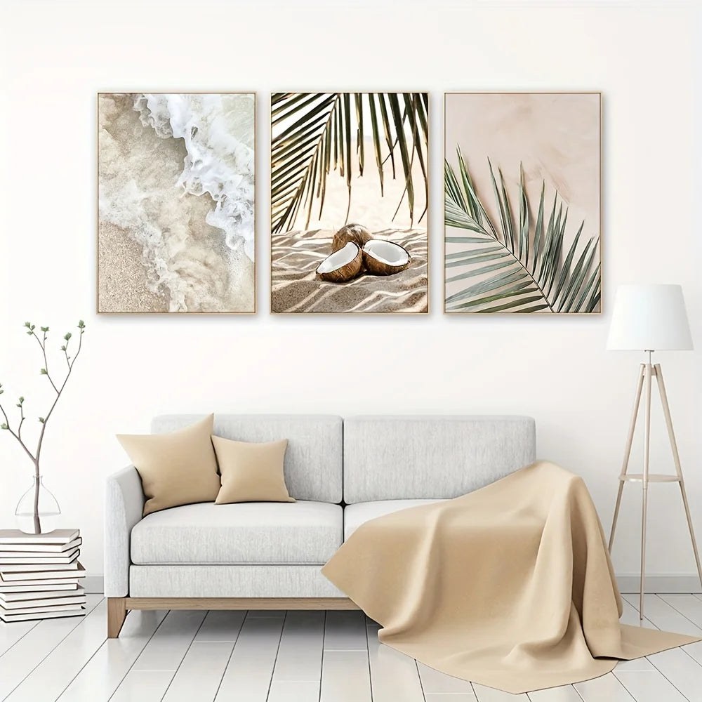 * Featured Sale * Set of 3Pcs White Waves Tranquil Beach Tropical Palm Leaves Wall Art Fine Art Canvas Prints Pictures Of Calm For Living Room