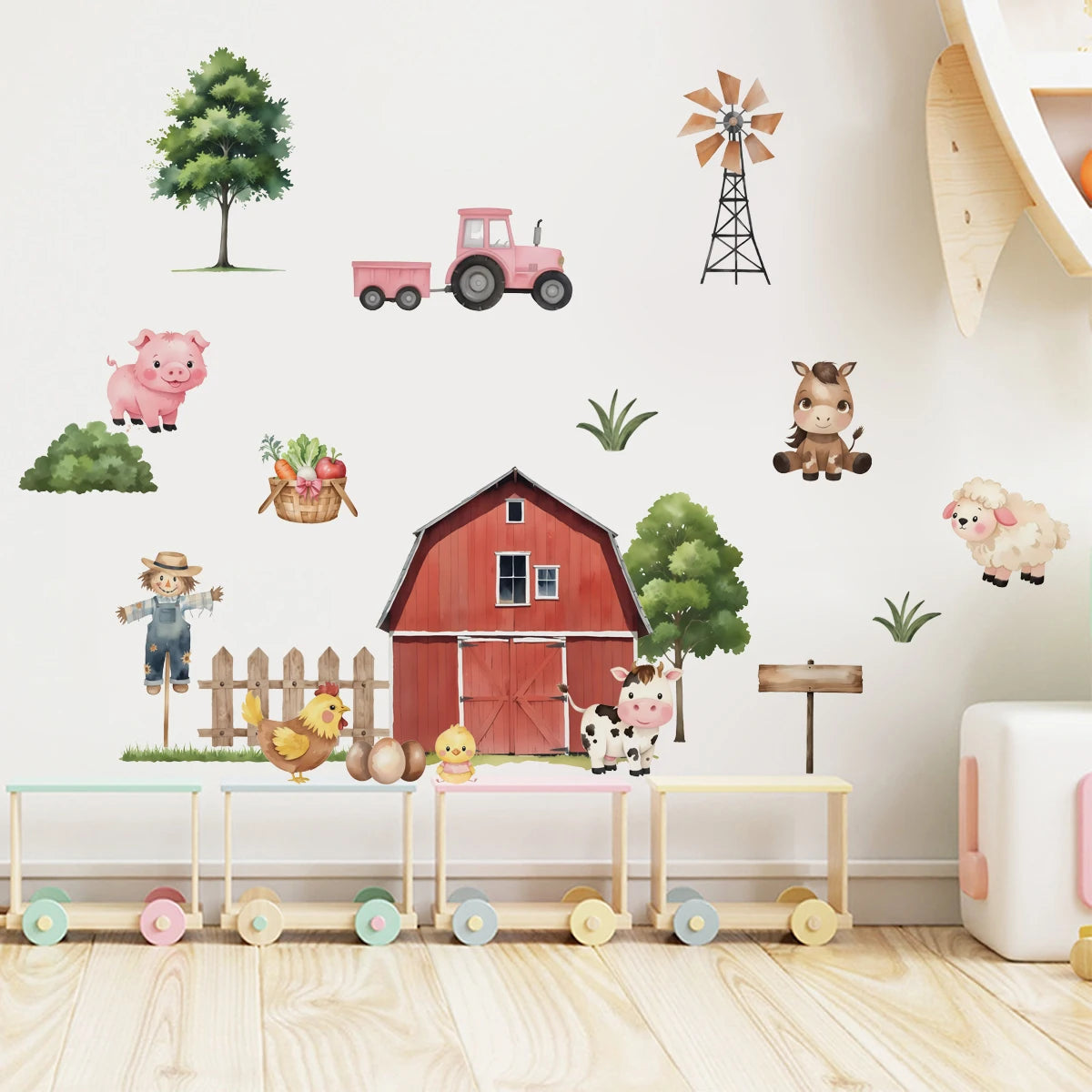 Pink Tractor & Farm Friends Wall Decal – Cartoon Cows & Animal Wall Decals for Kids Bedroom, Nursery, or Playroom Decor