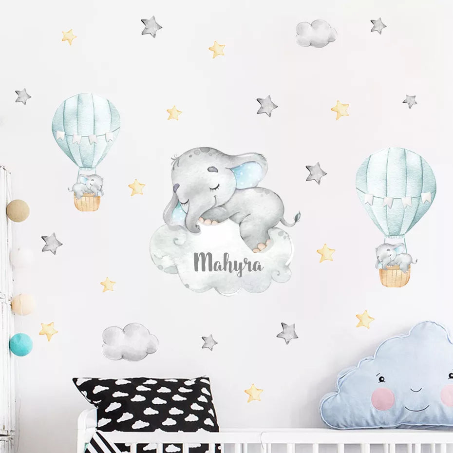 Cartoon Elephant Balloon Clouds Cute Wall Decals For Baby's Room Peel & Stick Removable Wall Stickers For Kid's Room Creative DIY Home Decor