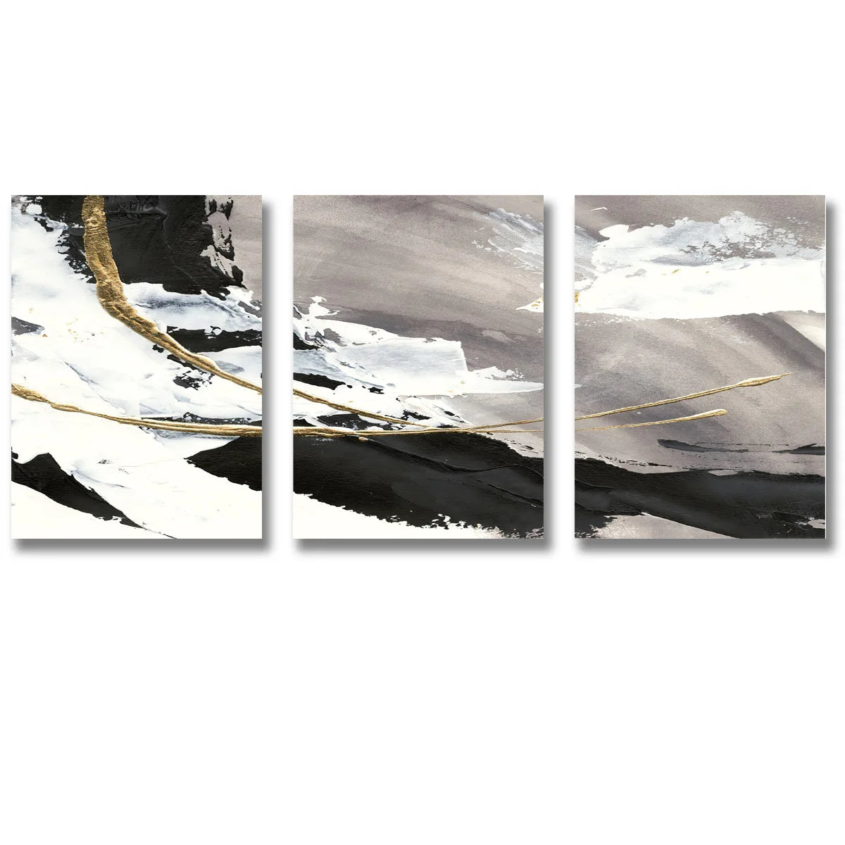 Grey Black Golden Abstract Triptych Wall Art Fine Art Canvas Prints Set of 3 Pictures For Modern Apartment Living Room Bedroom Art Decor