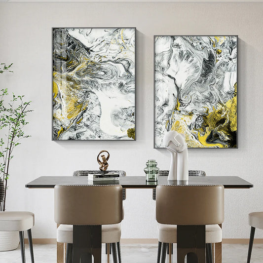 Liquid Abstract Chaos Wall Art Fine Art Canvas Prints Black Yellow Pictures For Modern Apartment Living Room Dining Room Home Office Wall Decor