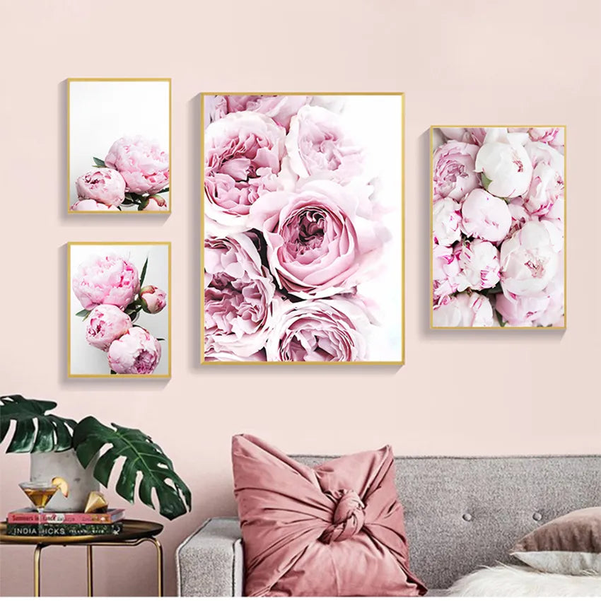 Minimalist Floral Pink & White Peonies Wall Art Fine Art Canvas Prints Pictures For Modern Living Room Bedroom Boutique Salon Home Decoration