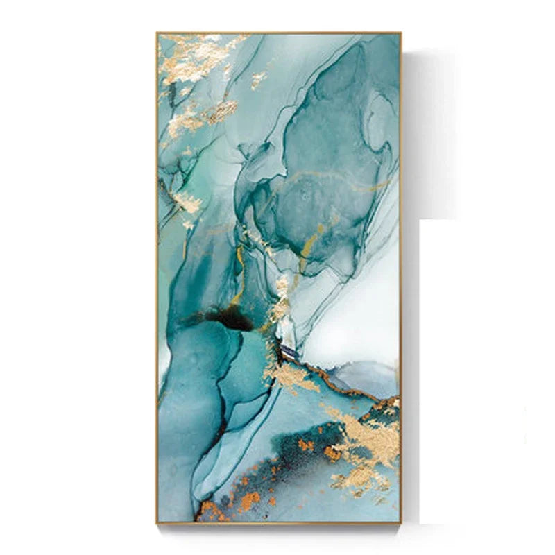 Aqua Green Golden Liquid Marble Print Wall Art Fine Art Canvas Print Pictures For Luxury Apartment Living Room Modern Foyer Art Decor