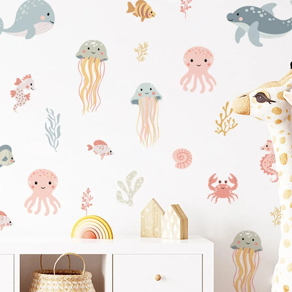 Ocean Dreams Watercolor Nursery Wall Decals – Gentle Marine Life & Underwater Creatures Wall Stickers for Baby’s Nursery Room Children’s Bedroom Wall Decorations