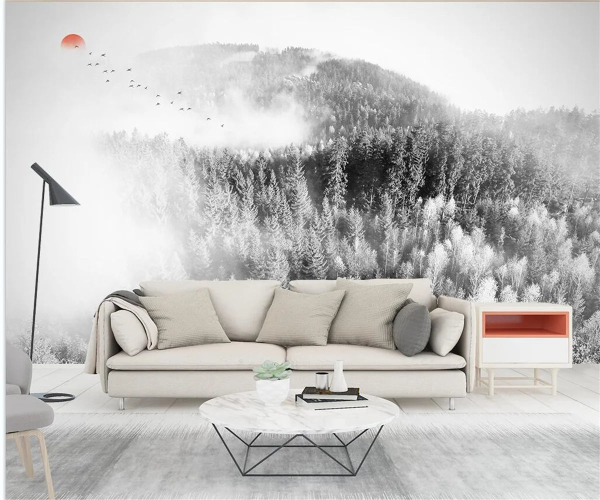 Misty Forest Landscape Wall Mural Big Format Printed Nordic Wallcovering Wallpaper For Modern Living Room Creative Home Office Wall Decoration