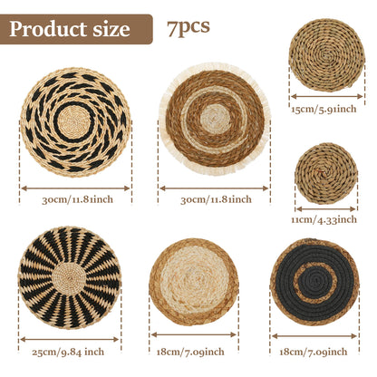 Set of 7Pcs Round Woven Wicker Wall Art Rustic Coffee Table Mat Multi-Purpose Decorative Display Pieces For Living Room Dining Room Nordic Home Decor