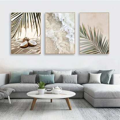 * Featured Sale * Set of 3Pcs White Waves Tranquil Beach Tropical Palm Leaves Wall Art Fine Art Canvas Prints Pictures Of Calm For Living Room